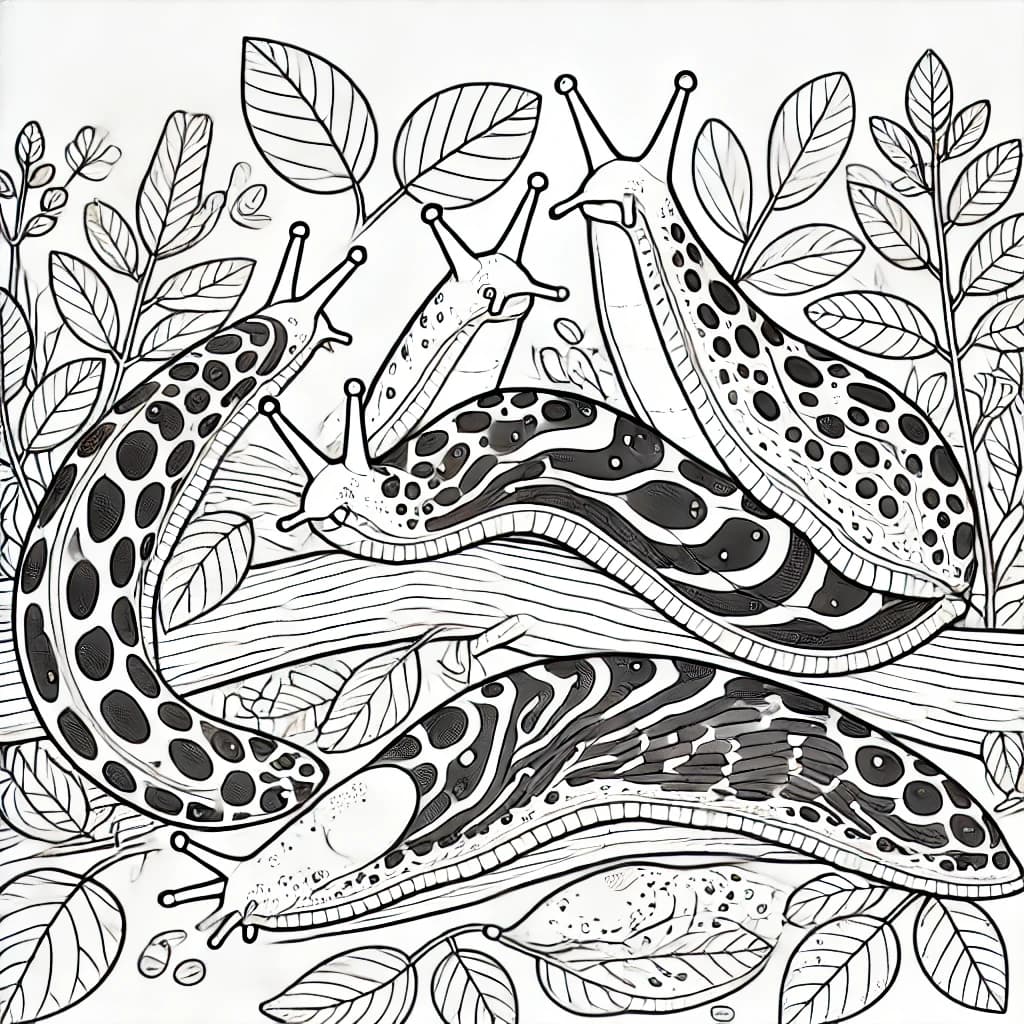 Ausmalbild - Tigerschnegel im Wald - Tigerschnegel, Schnecke, Natur, Blätter