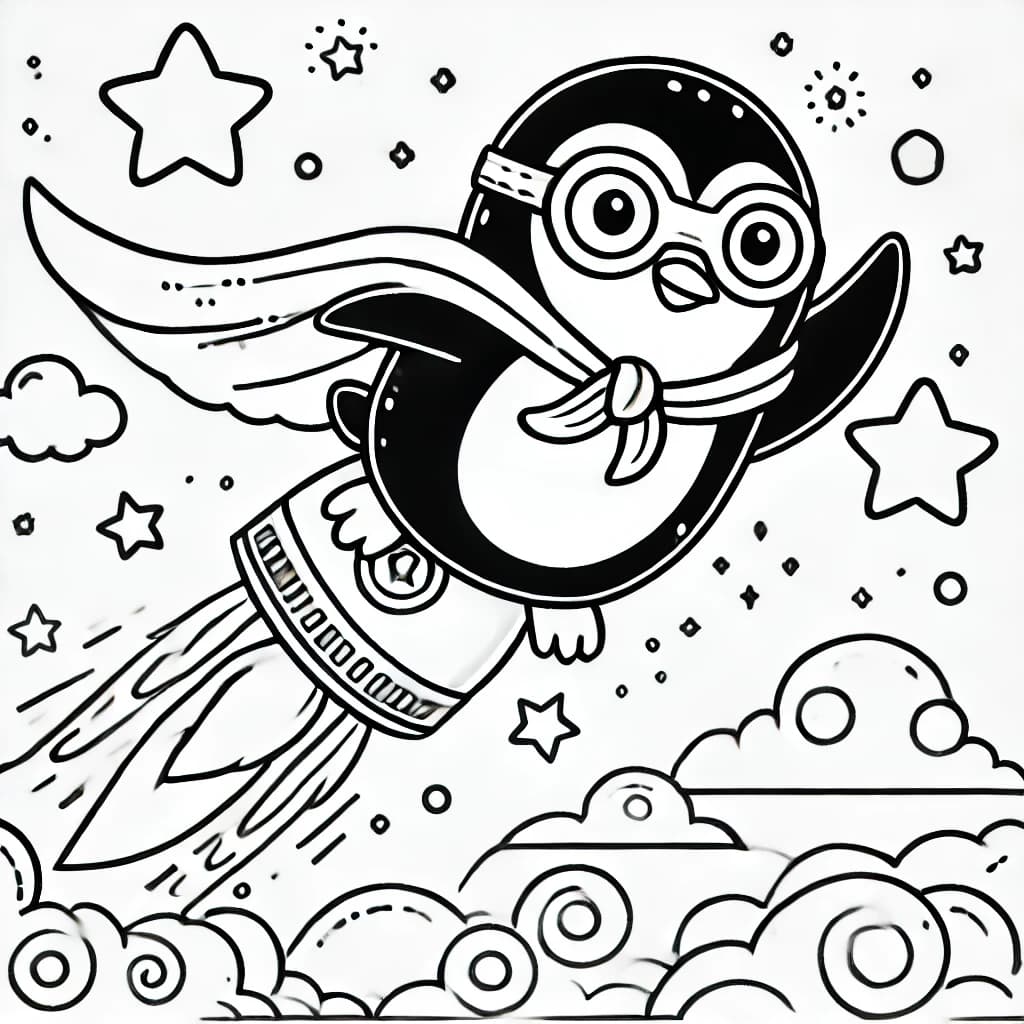 Ausmalbild - Superpinguin mit Jetpack - Pinguin, Superheld, Jetpack, Fliegen