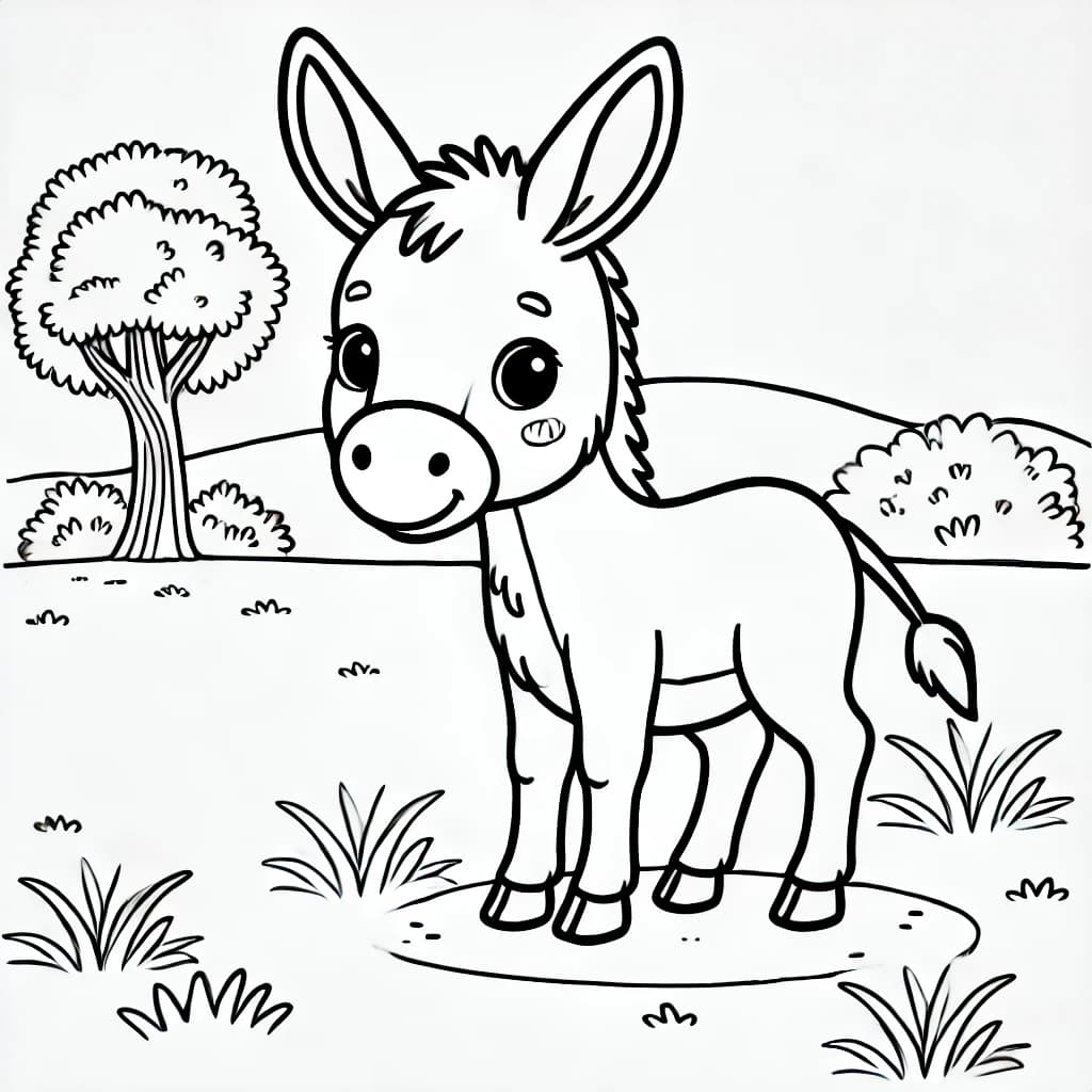 Ausmalbild - Freundlicher Esel auf der Wiese - Esel, Wiese, Tiere, Bauernhof