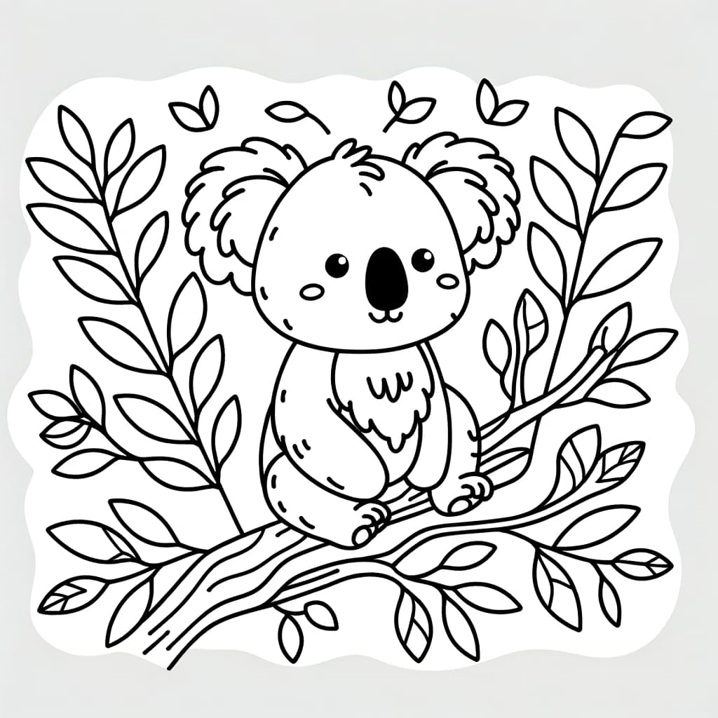 Ausmalbild - Koala auf einem Ast - Koala, Ast, Blätter, Natur