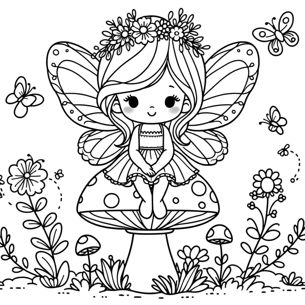 Ausmalbild - Die Elfe auf dem Pilz - Elfe, Pilz, Blumen