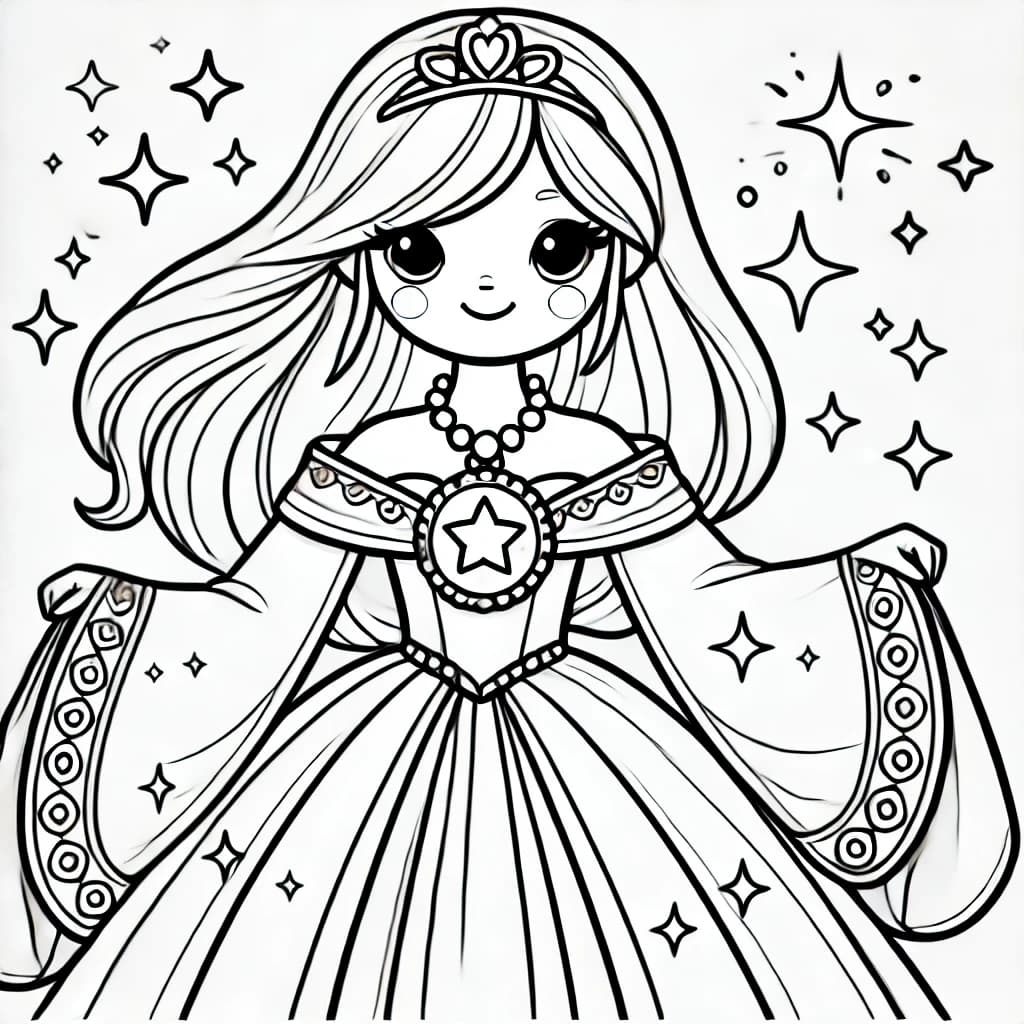 Ausmalbild - Prinzessin mit funkelndem Amulett - Prinzessin, Amulett, Schmuck, Kleid
