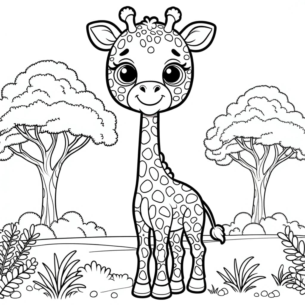 Ausmalbild - Spielende Giraffe in der Savanne - Giraffe, Savanne, Bäume, Gras