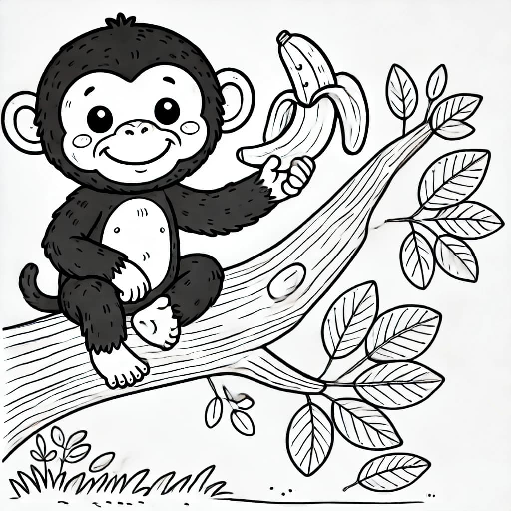 Ausmalbild - Verspielter Schimpanse auf einem Baum - Schimpanse, Affe, Baum, Banane