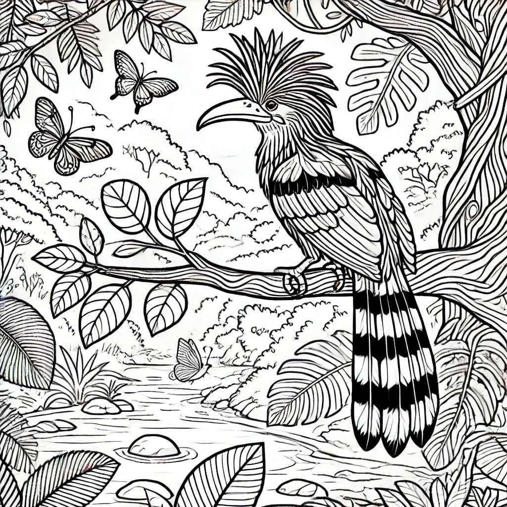 Ausmalbild - Hoatzin im Regenwald - Hoatzin, Vogel, Regenwald, Baum