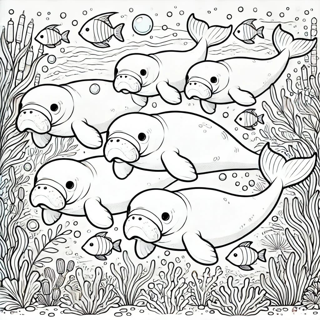 Ausmalbild - Dugongs im Meer - Dugong, Meerestiere, Unterwasserwelt, Fische