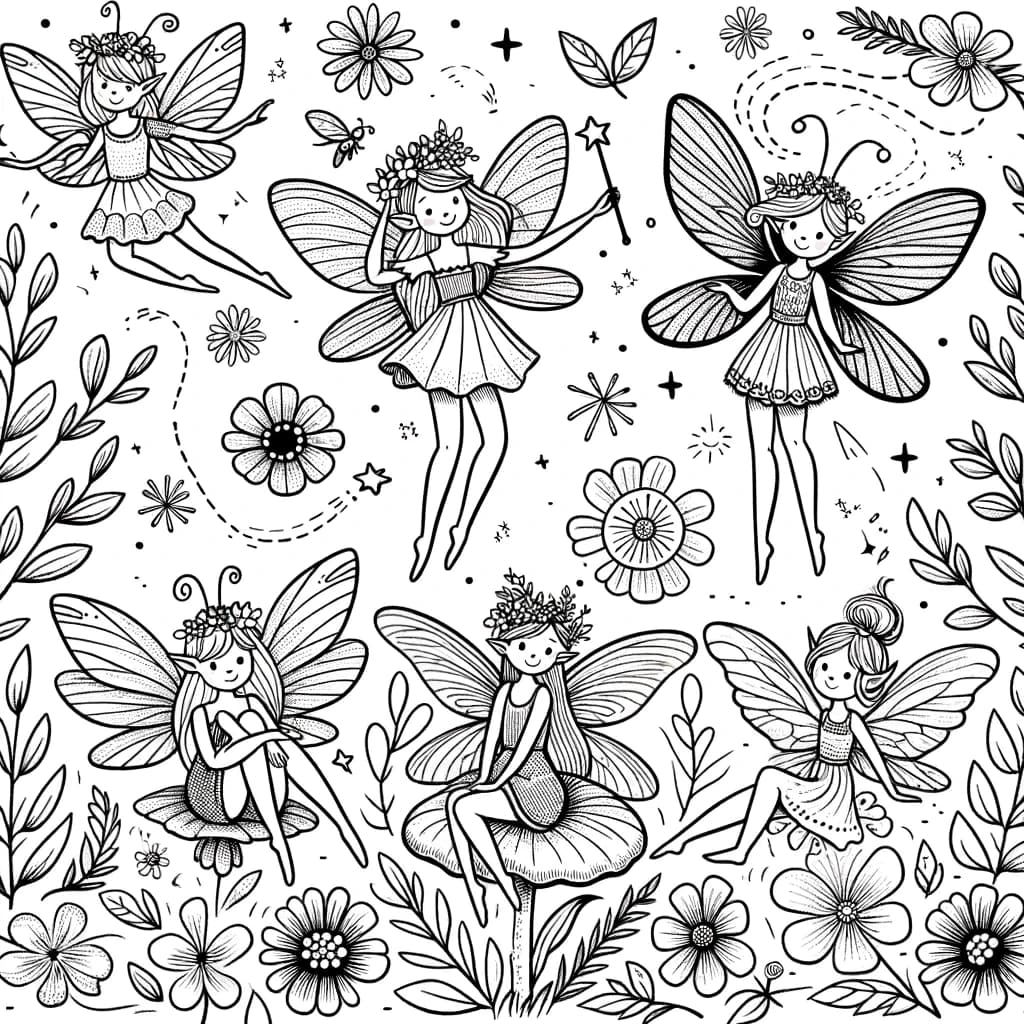 Ausmalbild - Feenzauber im Garten - Feen, Blumen, Zauberstab, Natur