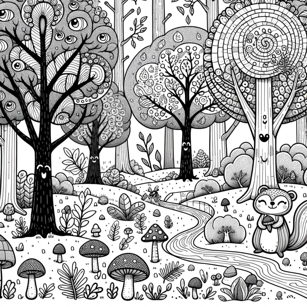 Ausmalbild - Der Zauberwald - Zauberwald, Bäume, Eichhörnchen, Bach