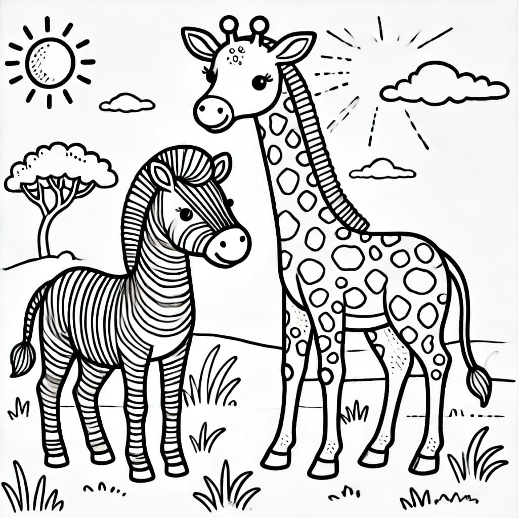 Ausmalbild - Zebra und Giraffe in der Savanne - Zebra, Giraffe, Savanne, Tiere