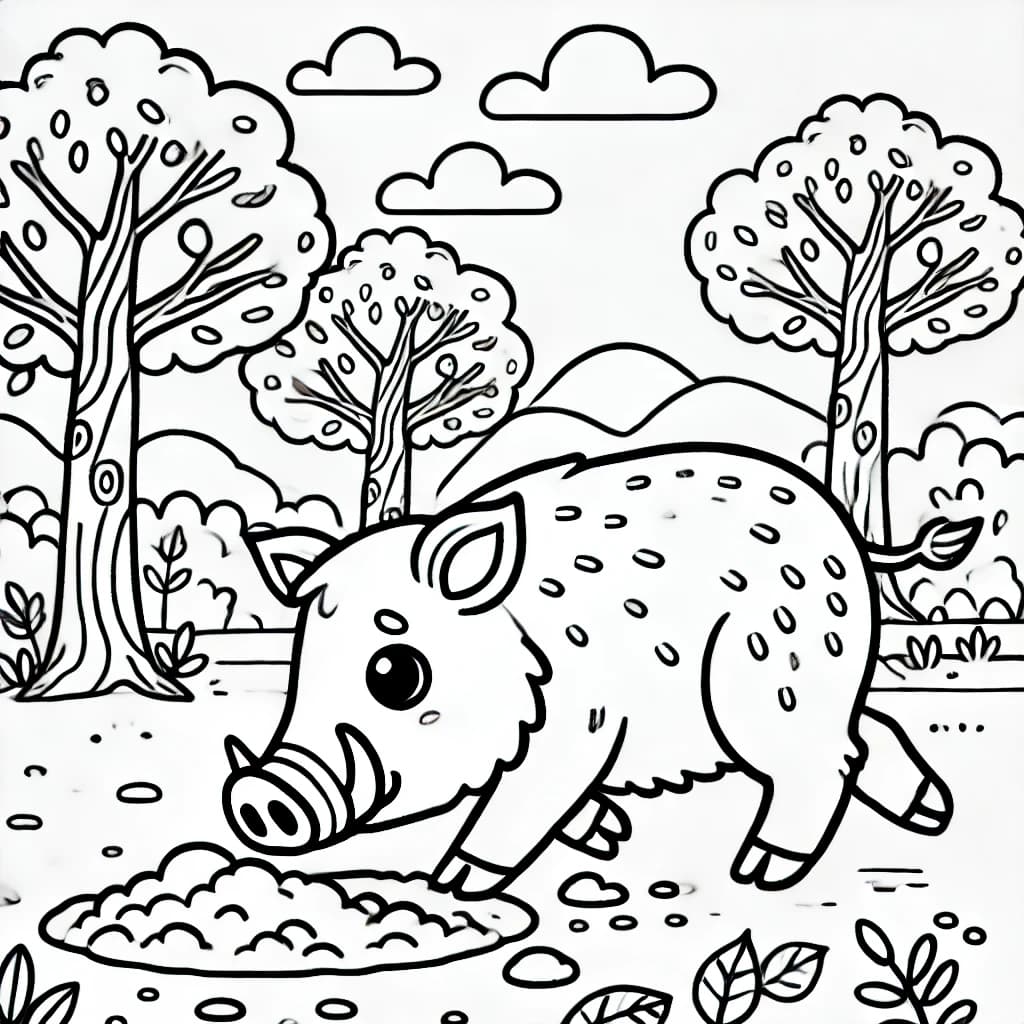 Ausmalbild - Wildschwein wühlt im Waldboden - Wildschwein, Wald, Natur, Tiere