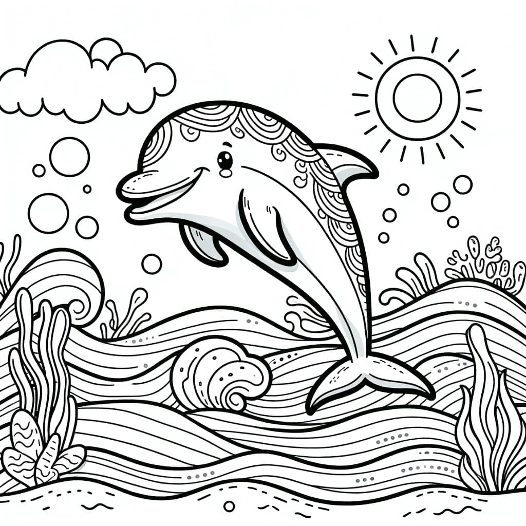 Ausmalbild - Der fröhliche Delfin unter der Sonne - Delfin, Sonne, Meer, Wellen
