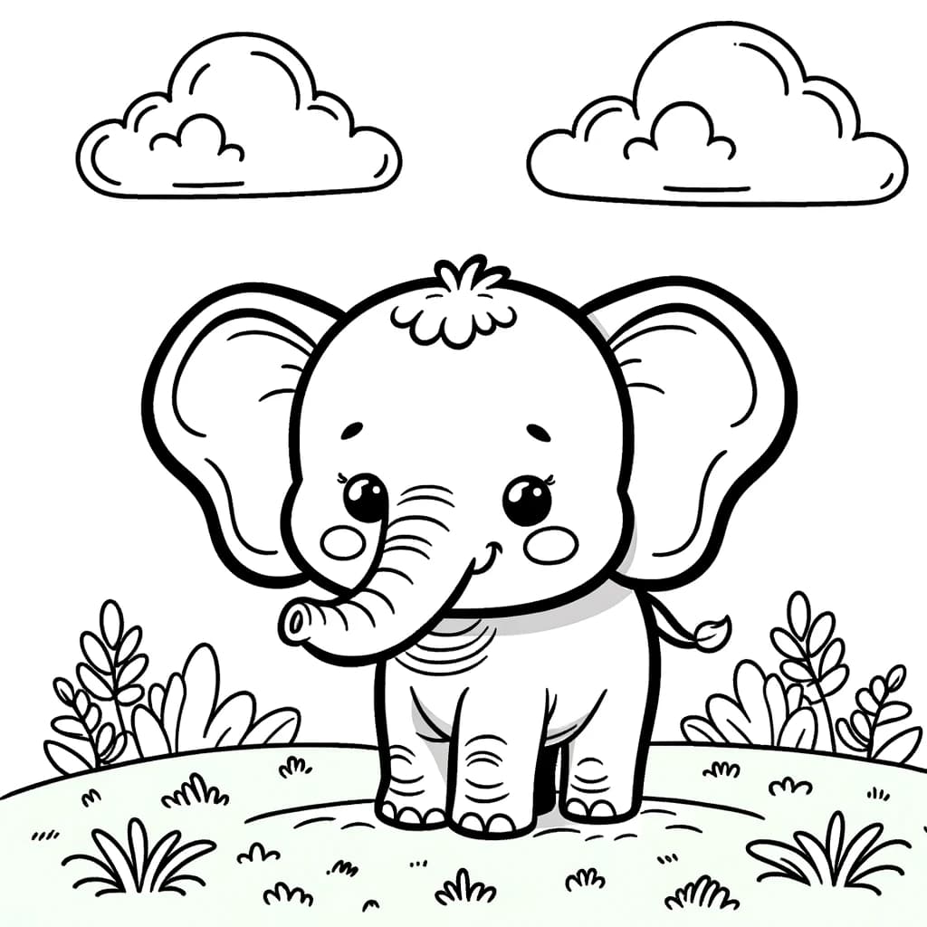 Ausmalbild - Der fröhliche Elefant - Elefant, Gras, Wolken, Tier