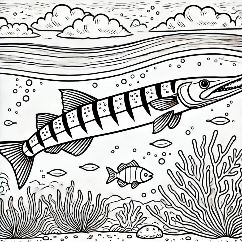 Ausmalbild - Furchtloser Barrakuda im Ozean - Barrakuda, Fisch, Meer, Ozean
