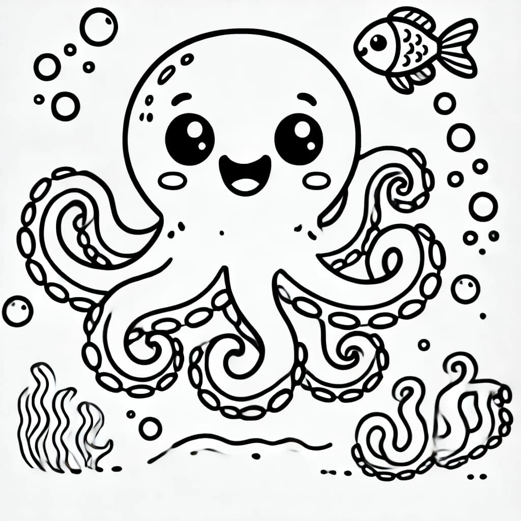 Ausmalbild - Fröhlicher Oktopus unter Wasser - Oktopus, Meer, Unterwasserwelt, Meeresbewohner