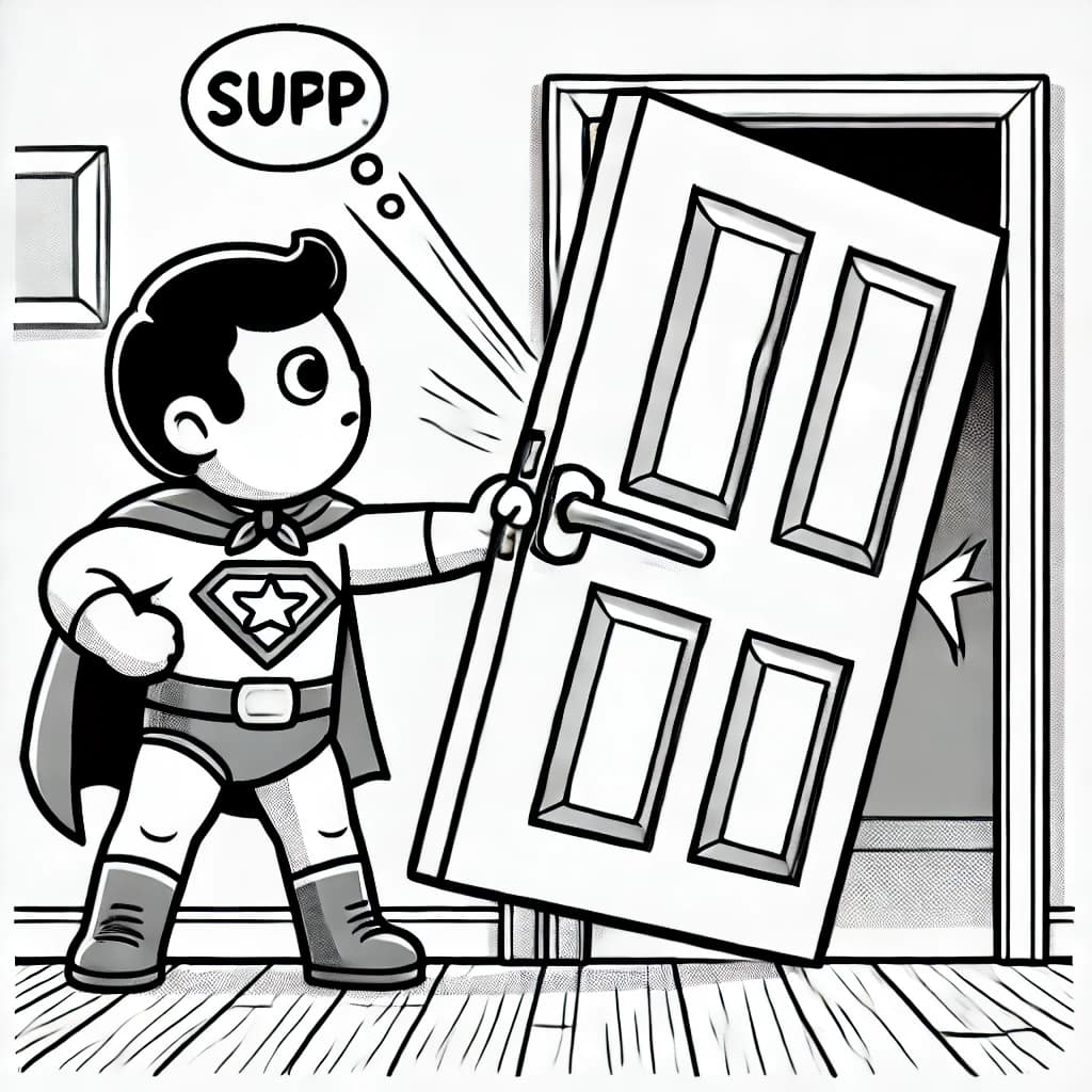 Ausmalbild - Der Held und die widerspenstige Tür - Superheld, Tür, lustig, Kraft