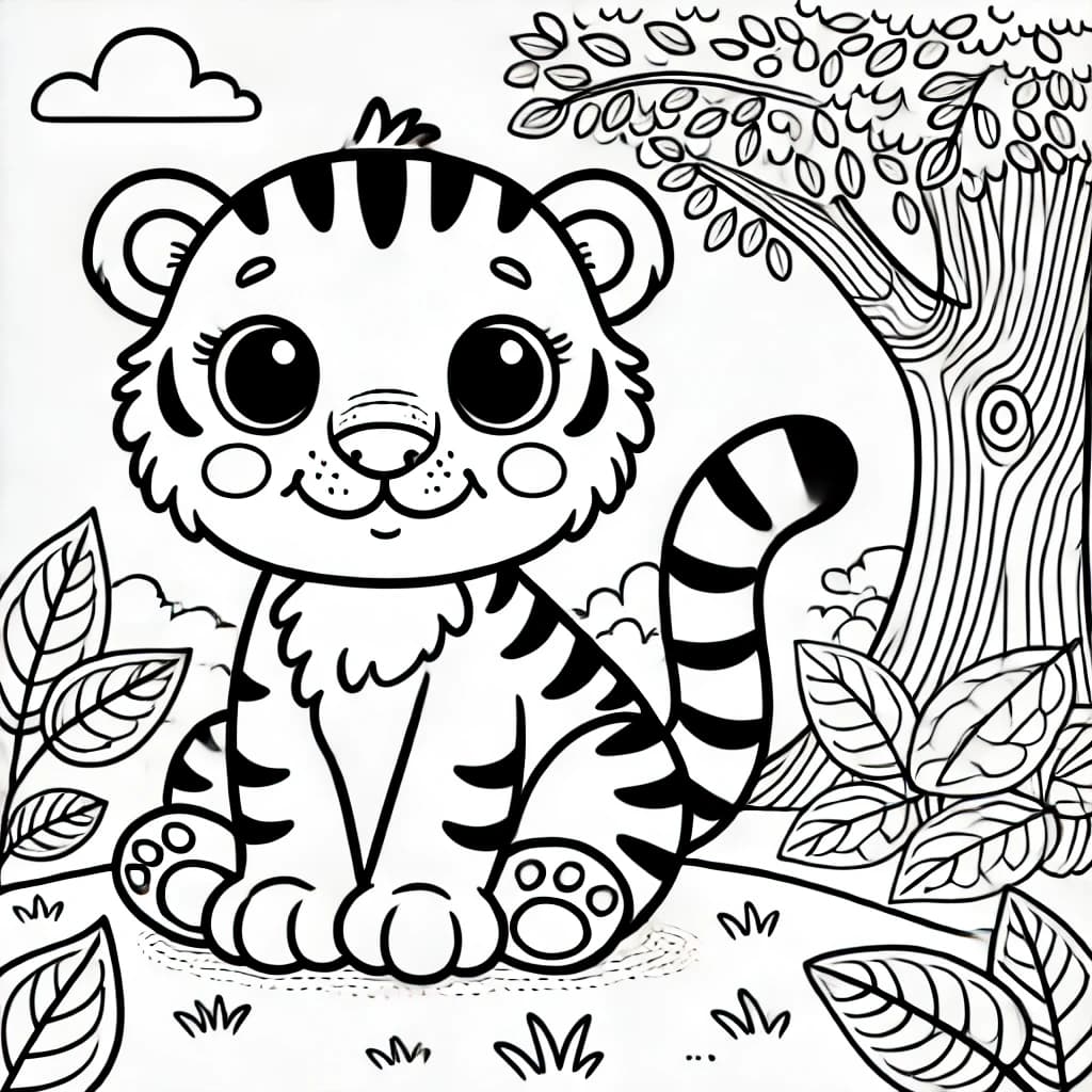 Ausmalbild - Fröhlicher Tiger im Dschungel - Tiger, Dschungel, Blätter, Baum