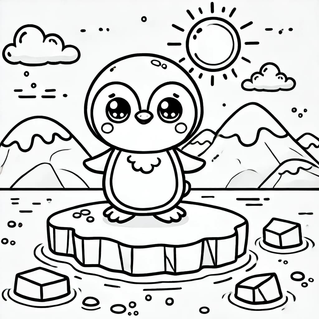 Ausmalbild - Fröhlicher Pinguin auf dem Eisberg - Pinguin, Eisberg, Sonne, Wasser