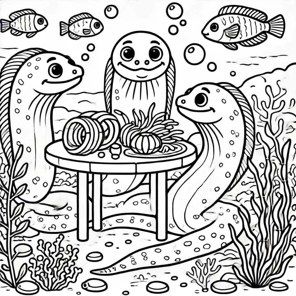 Ausmalbild - Familie Moräne beim Picknick - Moräne, Familie, Picknick, Fische