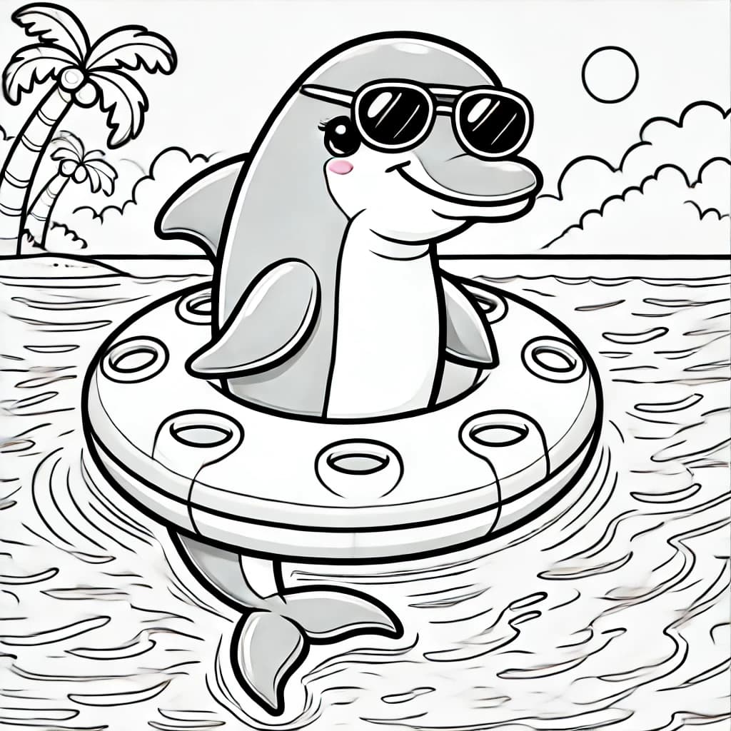 Ausmalbild - Delfin mit Sonnenbrille auf einer Luftmatratze - Delfin, Sonnenbrille, Luftmatratze, Wasser