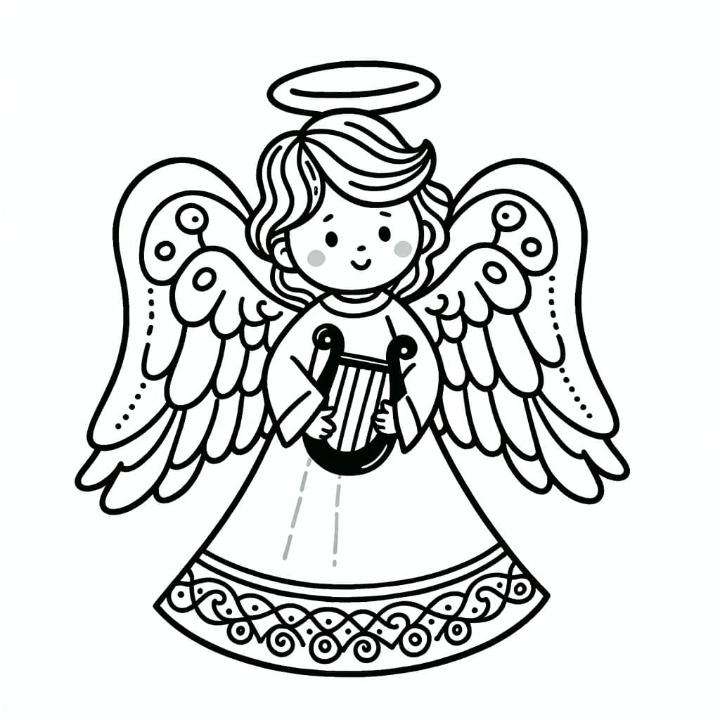 Ausmalbild - Der freundliche Engel - Engel, Flügel, Harfe