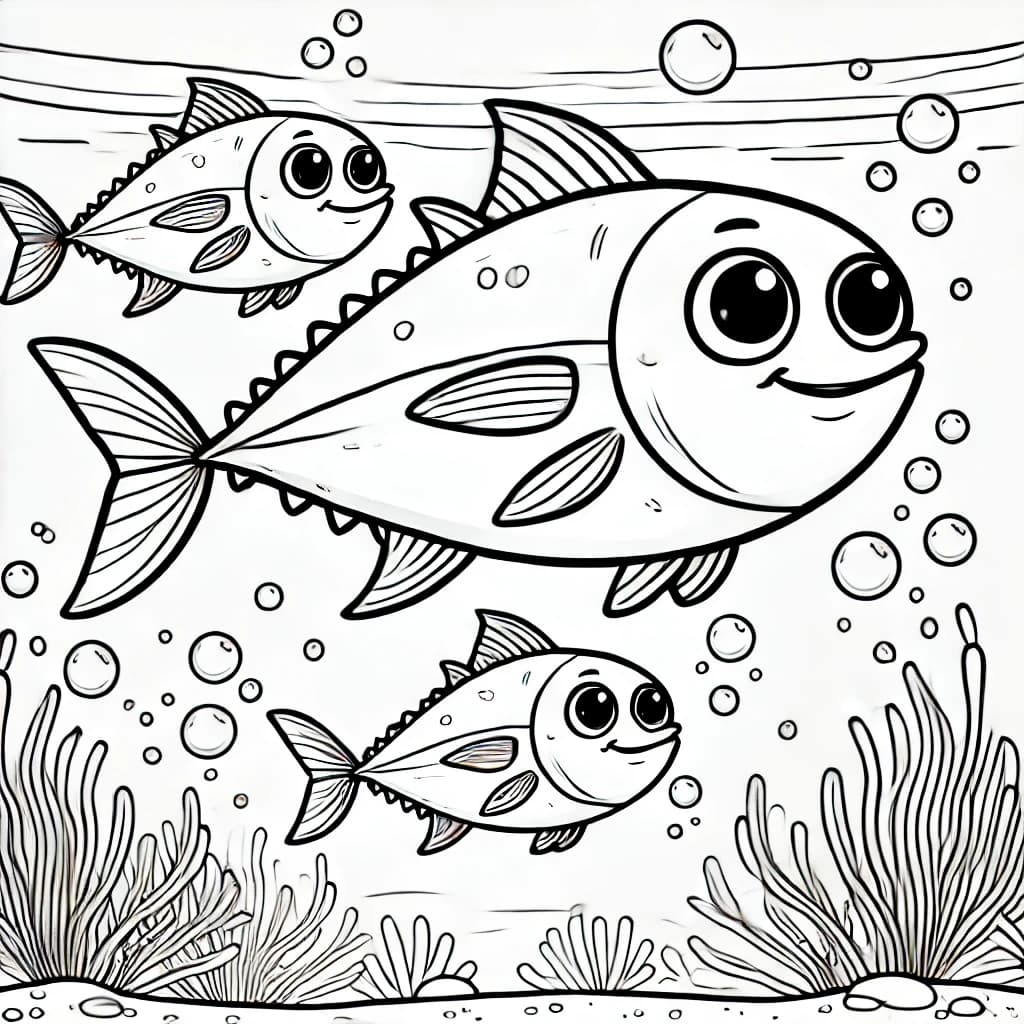 Ausmalbild - Familie Thunfisch im Meer - Thunfisch, Fischfamilie, Ozean, Meer