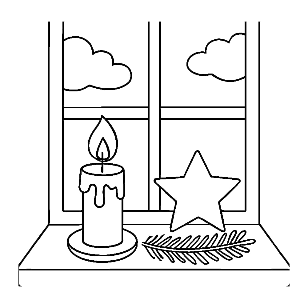 Ausmalbild - Fensterbank mit Kerze und Stern - Advent, Kerze, Stern, Fenster