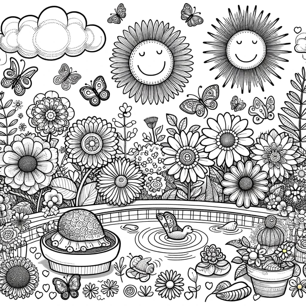 Ausmalbild - Der zauberhafte Garten - Garten, Blumen, Schmetterlinge, Teich