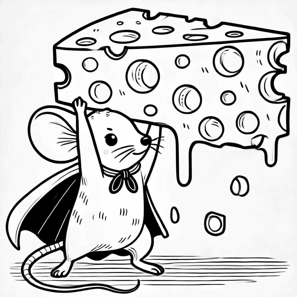 Ausmalbild - Supermaus hebt einen Riesenkäse - Supermaus, Käse, Superheld, Maus