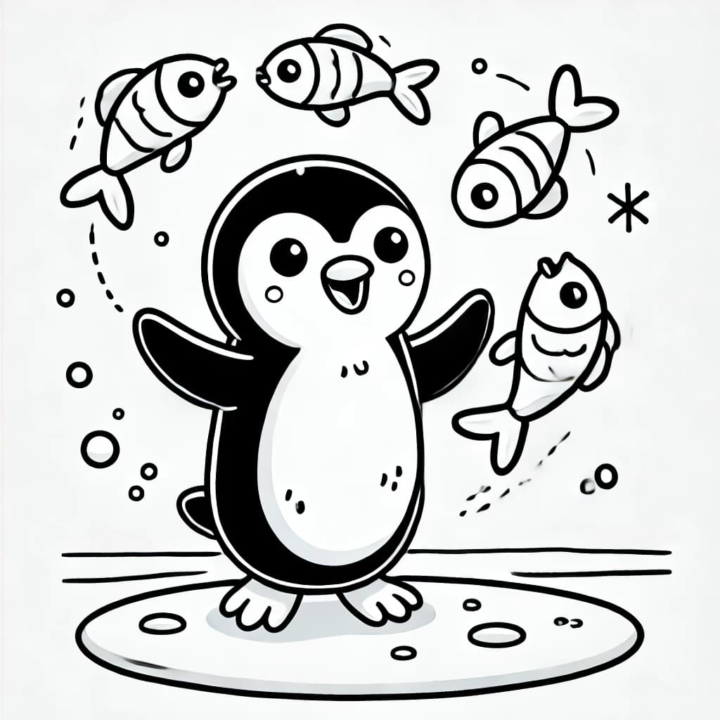 Ausmalbild - Pinguin jongliert Fische - Pinguin, Jonglieren, Fische, Schnee