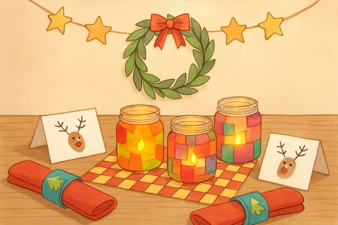 Bastelergebnis - Weihnachtsdeko basteln mit Kindern: Tischschmuck, Windlichter und Türkranz