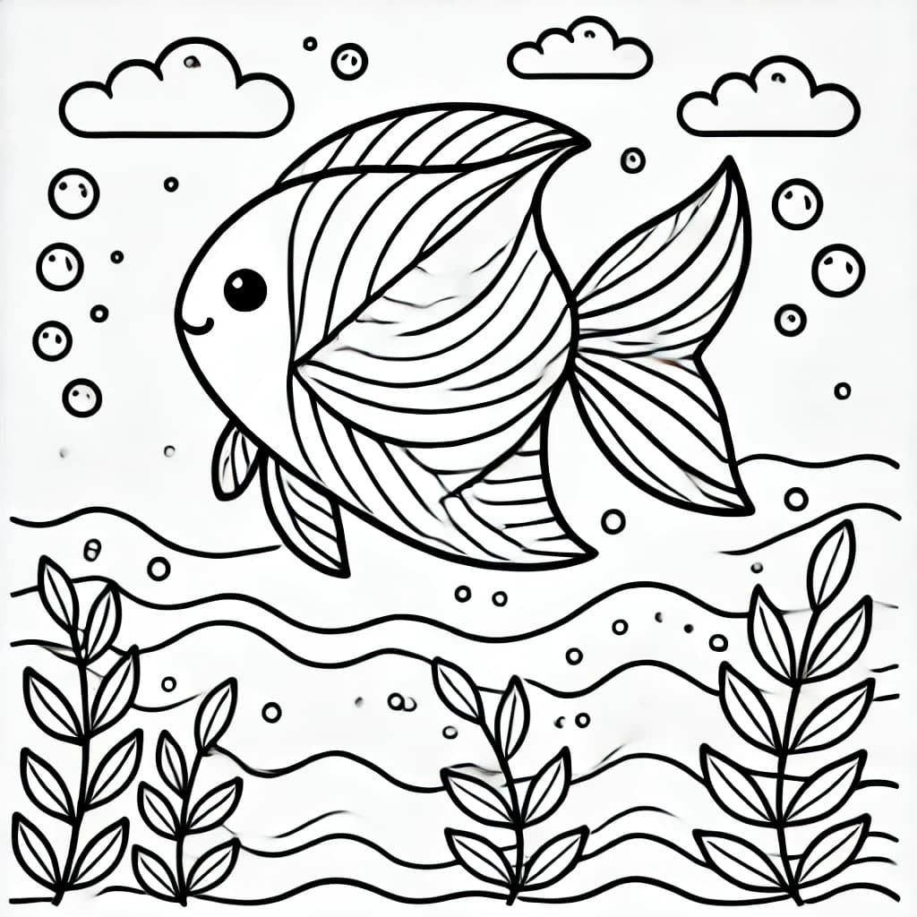 Ausmalbild - Blattfisch im Wasser - Fisch, Wasser, Blätter, Meer