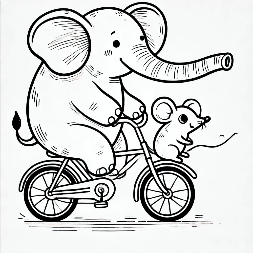 Ausmalbild - Elefant und Maus auf dem Fahrrad - Elefant, Maus, Fahrrad, Tiere