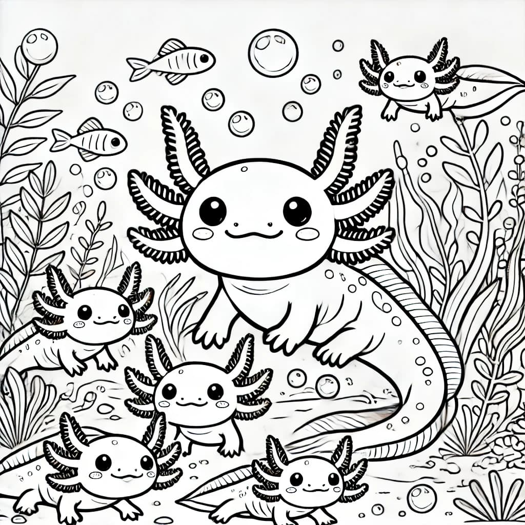 Ausmalbild - Fröhliche Axolotl-Unterwasserwelt - Unterwasser, Fische, Pflanzen, Blasen