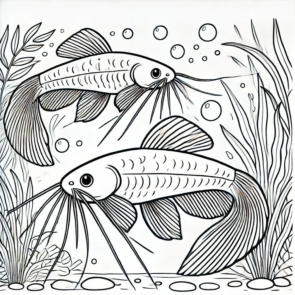 Ausmalbild - Zwei Kiemensackwelse im Wasser - Fisch, Wels, Unterwasser, Blasen