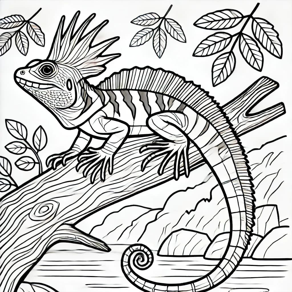 Ausmalbild - Basilisk auf einem Ast - Basilisk, Echse, Dschungel, Baum