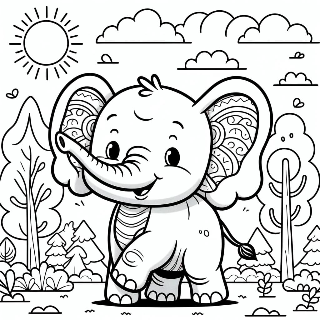 Ausmalbild - Der fröhliche Elefant - Elefant, Bäume, Sonne, Spielplatz