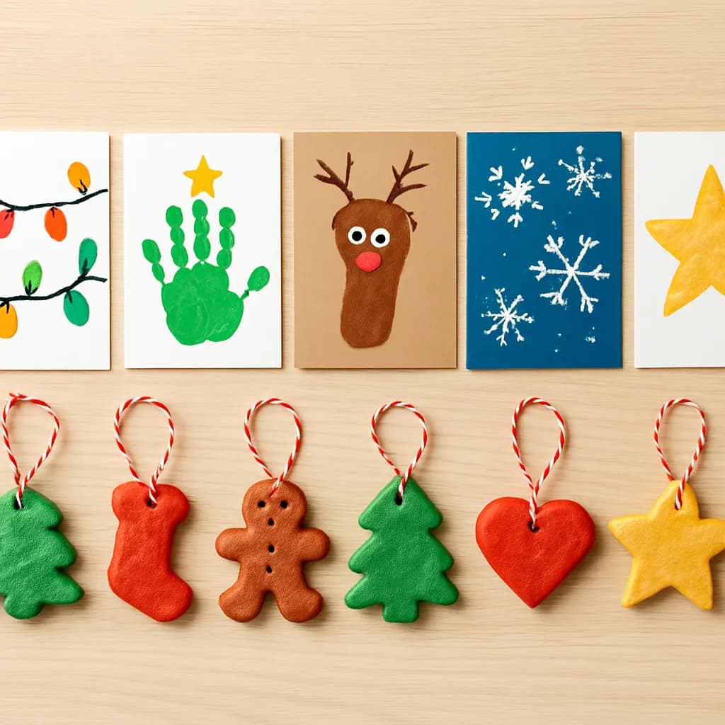 Bastelergebnis - Weihnachtsbasteln mit Kindern: Karten und Christbaumschmuck