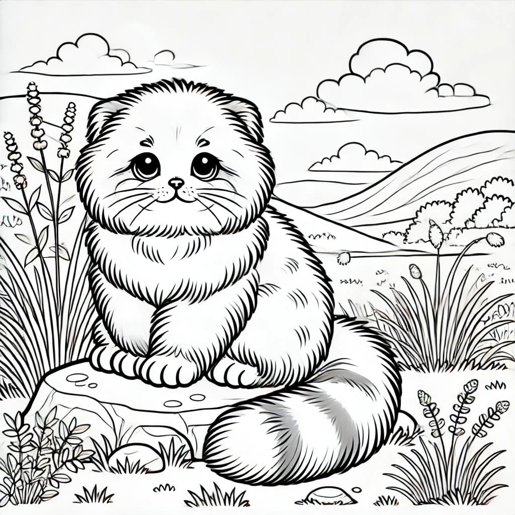 Ausmalbild - Manul auf dem Felsen - Manul, Pallas-Katze, Wildkatze, Natur