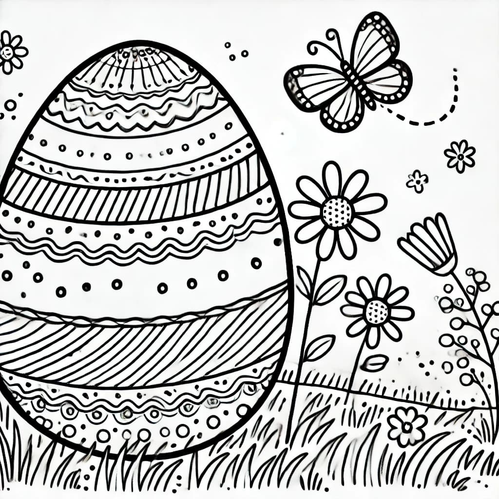 Ausmalbild - Osterei im Frühling - Osterei, Frühling, Schmetterling, Wiese