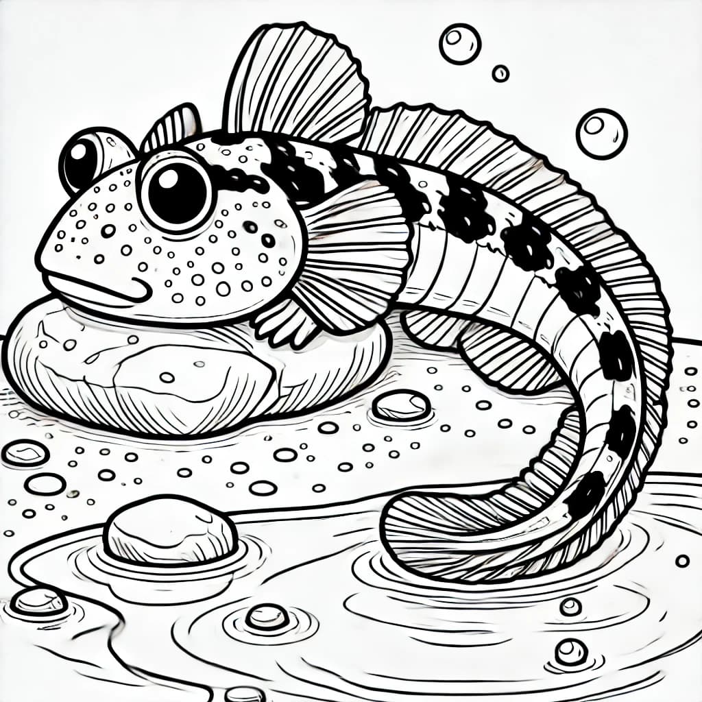 Ausmalbild - Schlammspringer auf einem Felsen - Schlammspringer, Fisch, Wasser, Felsen