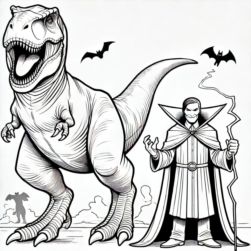 Ausmalbild - Tyrannosaurus Rex und der Bösewicht - Dinosaurier, T-Rex, Bösewicht, Abenteuer