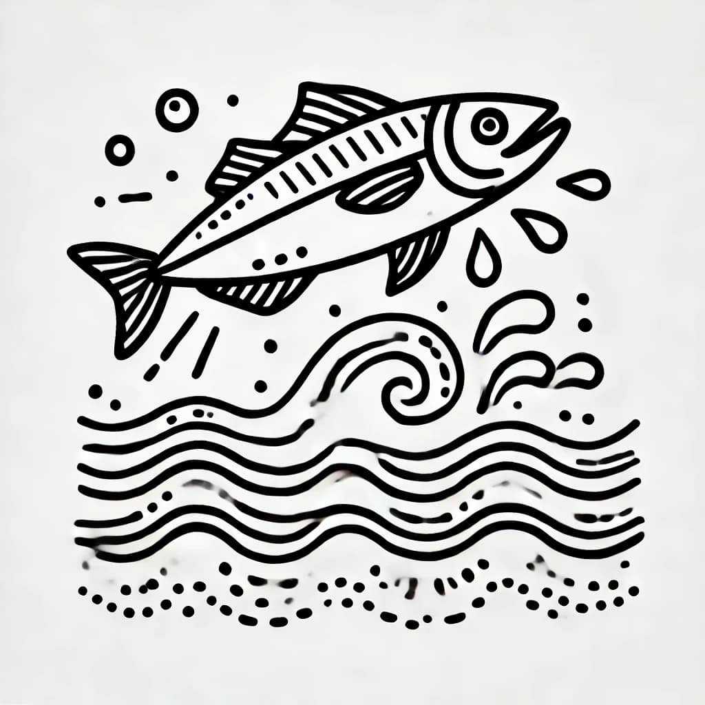 Ausmalbild - Der springende Hering - Fisch, Meer, Wellen, Hering