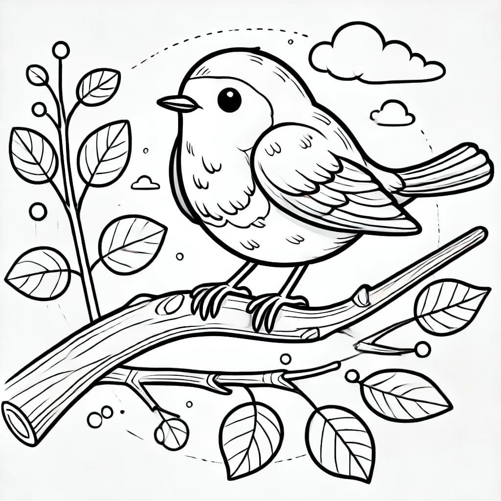 Ausmalbild - Rotkehlchen auf einem Ast - Rotkehlchen, Vogel, Ast, Blätter