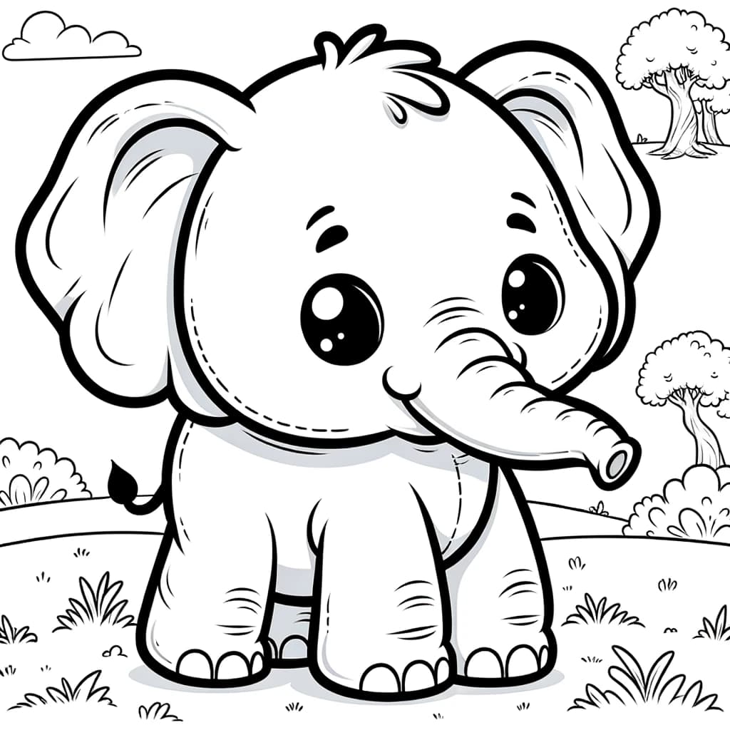 Ausmalbild - Der freundliche Elefant - Elefant, Grasfeld, Bäume, Natur