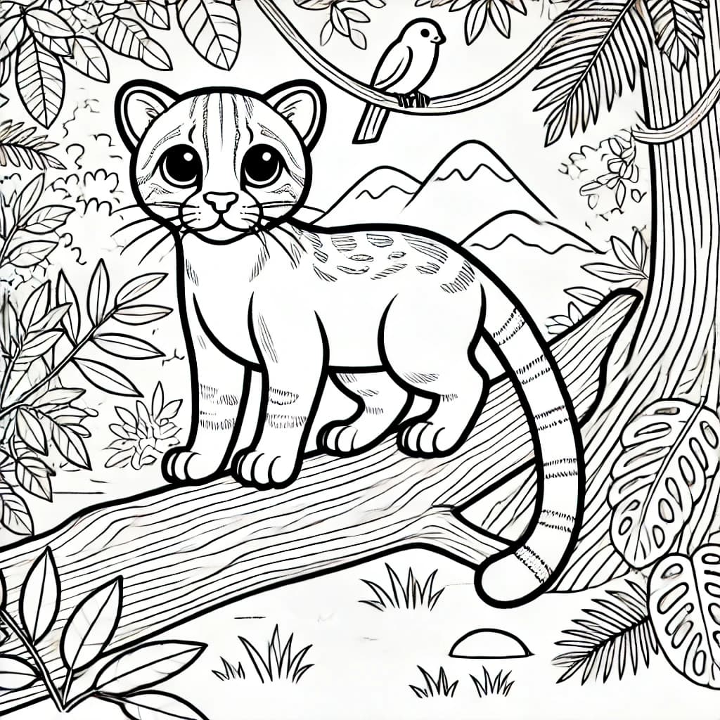 Ausmalbild - Jaguarundi im Dschungel - Jaguarundi, Wildkatze, Dschungel, Baum