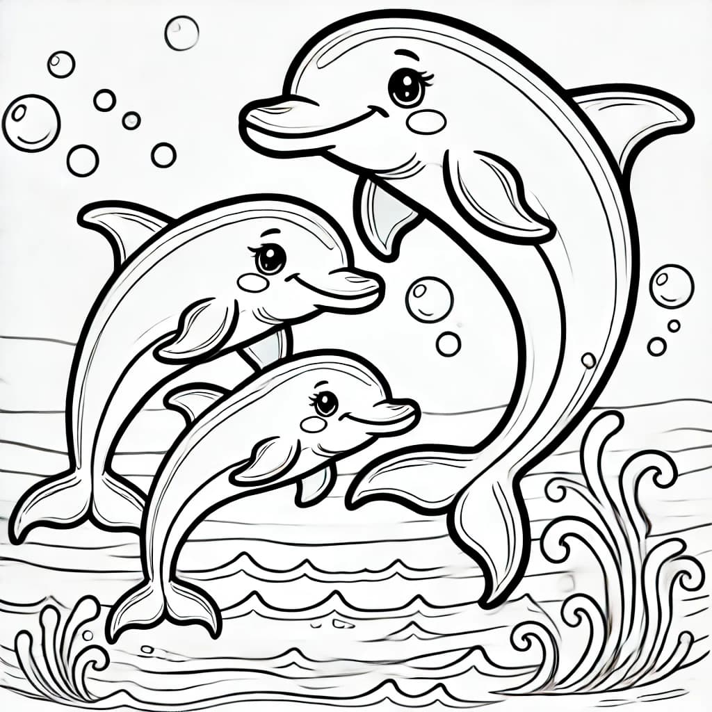 Ausmalbild - Delfin-Familie im Ozean - Delfin, Meer, Familie, Tiere