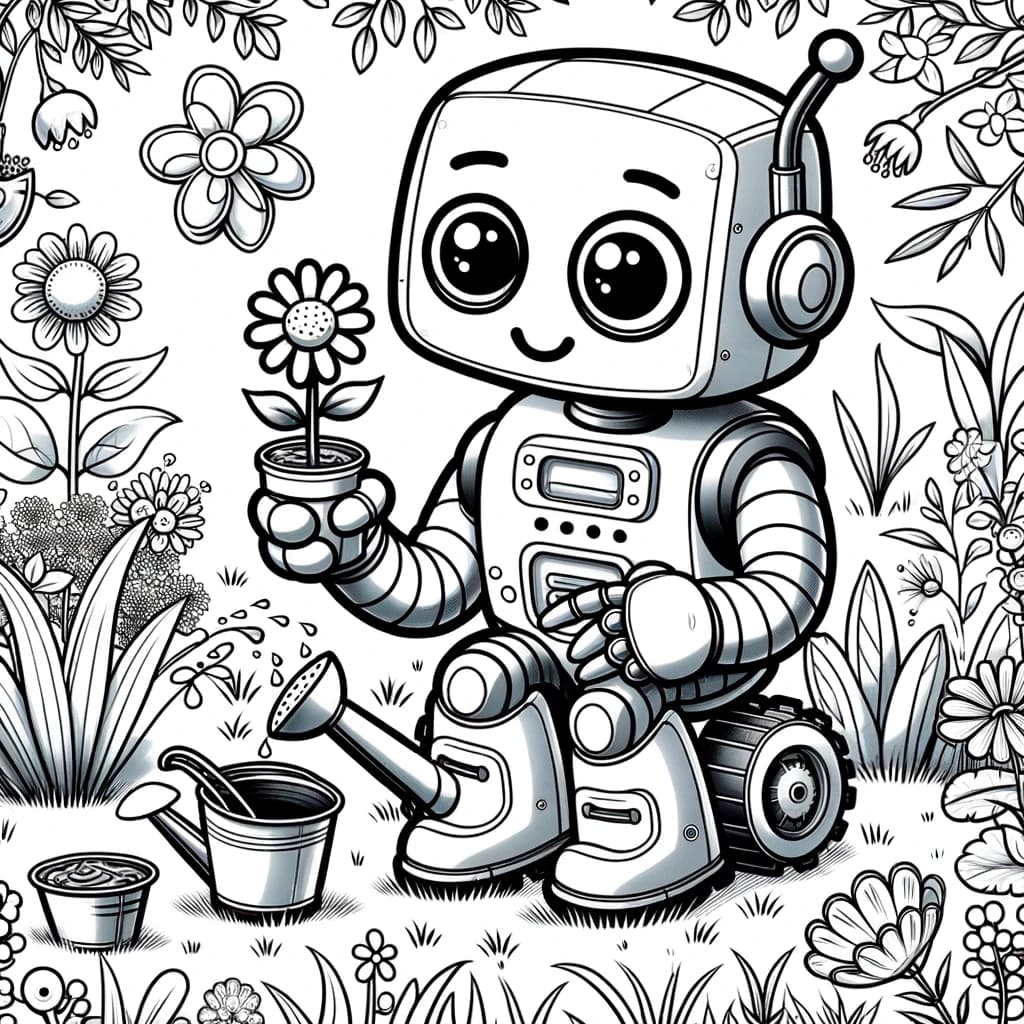 Ausmalbild - Der Garten-Roboter - Garten, Roboter, Blumen, Werkzeuge