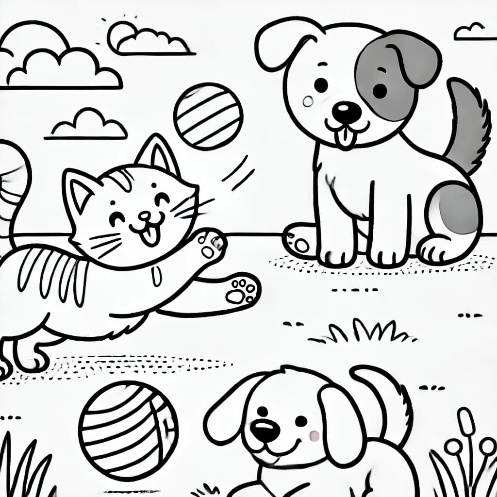 Ausmalbild - Katze und Hund beim Spielen - Katze, Hund, Spielen, Ball
