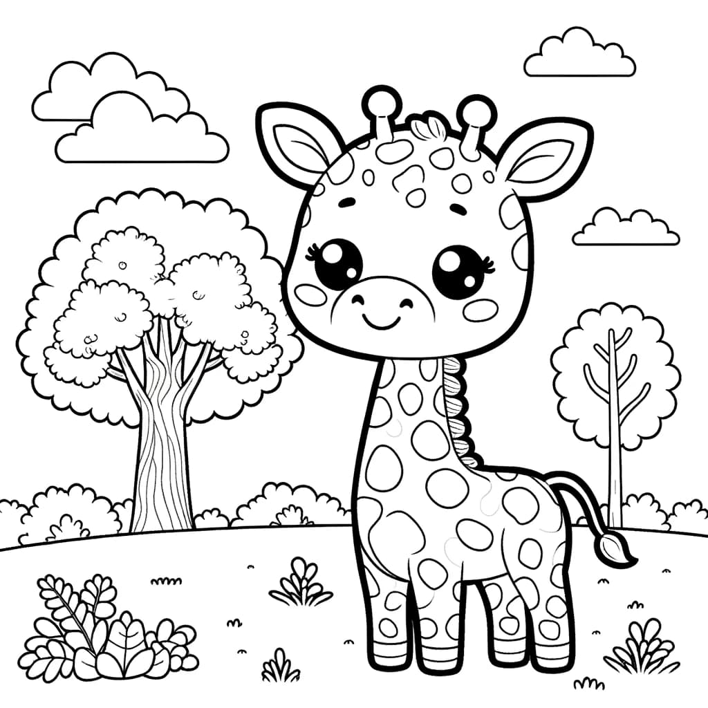 Ausmalbild - Freundliche Giraffe im Wiesenland - Giraffe, Wiese, Bäume, Natur