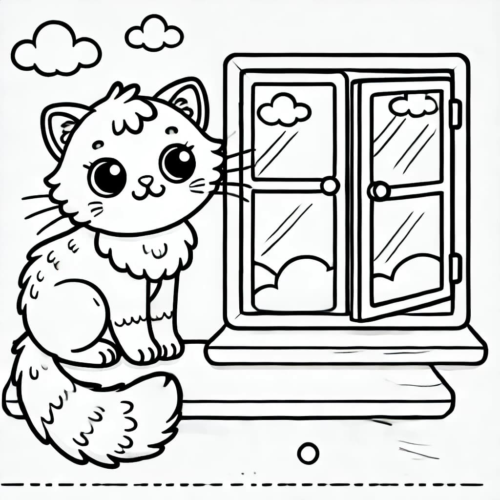 Ausmalbild - Katze am Fenster - atze, Fenster, Himmel, Wolken